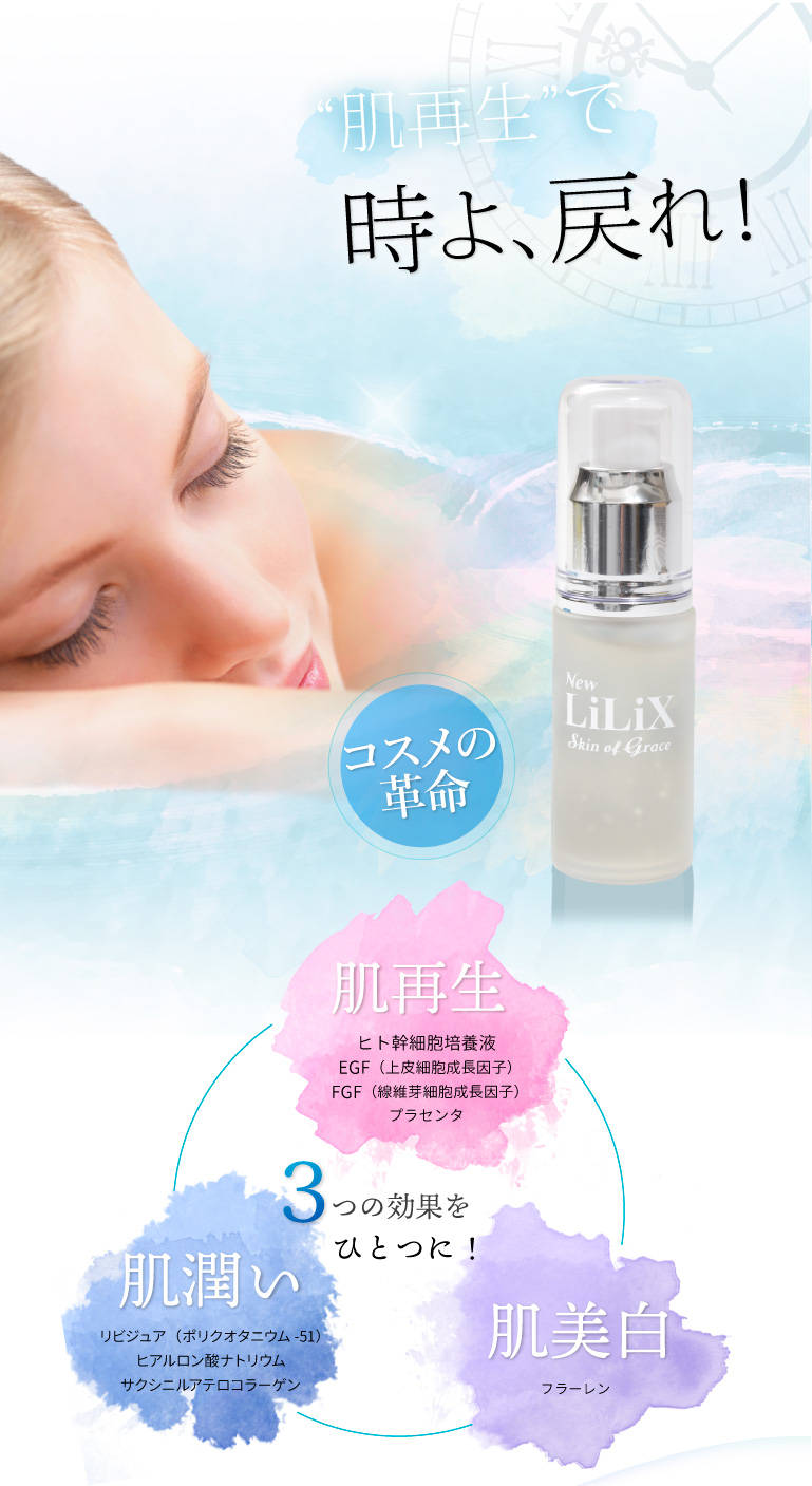 美容・化粧水　New LiLiX(ニューリリックス) パーフェクトエッセンス 通販 オンラインショップ　コスメの革命 肌再生で時よ、戻れ！